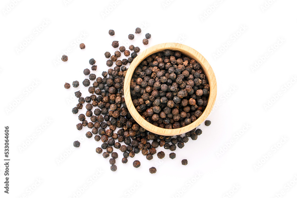 Black pepper or peppercorns in wooden bowl isolated on white background , top view , flat lay. Black pepper or peppercorns in wooden bowl isolated on white background , top view , flat lay.