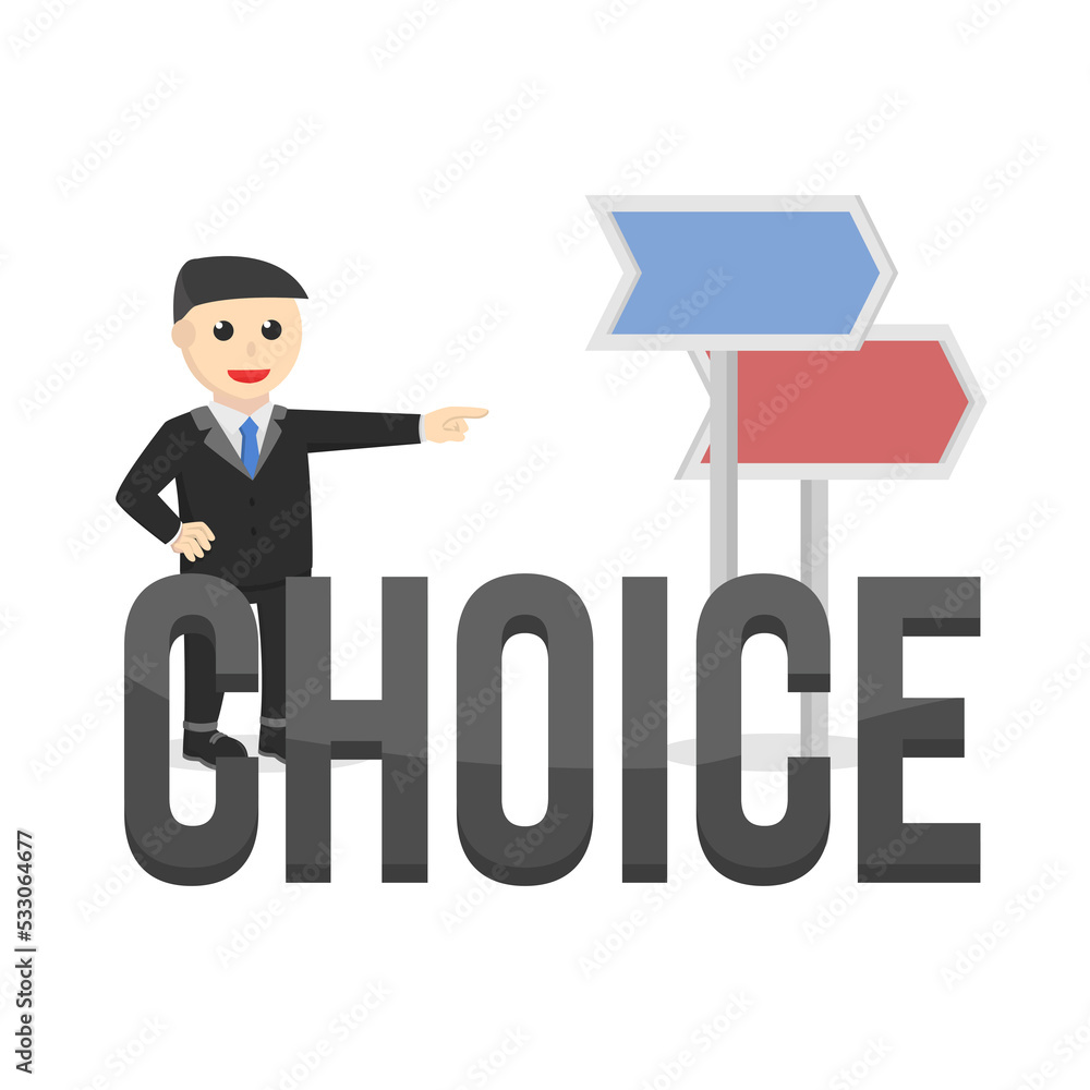 businessman character makes choice with arrow signs on white background businessman character makes choice with arrow signs on white background