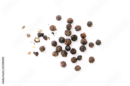 Dry black pepper Black pepper or peppercorns with broken isolated on white background , top view , flat lay.