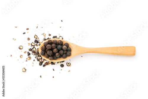 Black pepper or peppercorns in wooden spoon isolated on white background , top view , flat lay. © NUM LPPHOTO