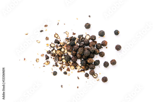 Dry black pepper Black pepper or peppercorns with broken isolated on white background , top view , flat lay.