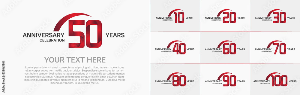 set of anniversary with red color and swoosh can be use for celebration event set of anniversary with red color and swoosh can be use for celebration event