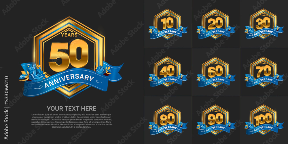 set of anniversary with gold color and blue ribbon can be use for celebration event