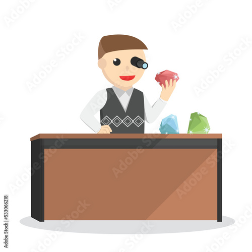 Businessman appraising a ruby design character on white 