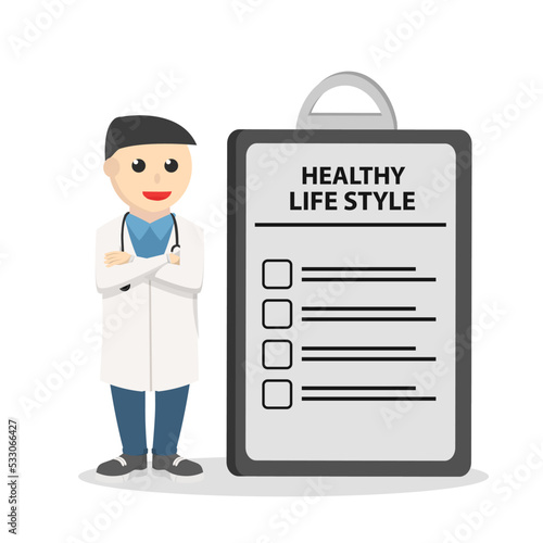 doctor with big clipboard information design on white background