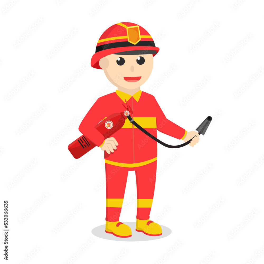 firefighter standing and holding fire tube on white background