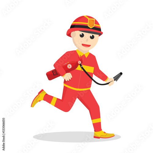 firefighter run and holding fire tube on white background