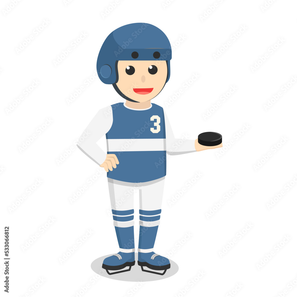 Hockey Player holding puck design character on white background