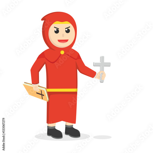 red monk holding bible and cross design character on white background
