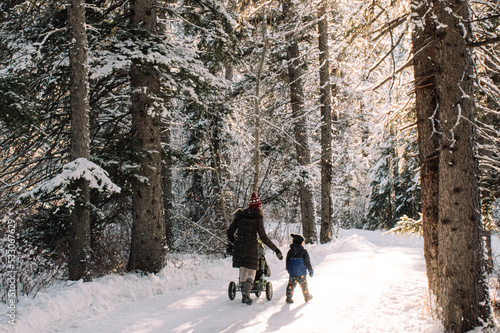 Woman pushing stroller and walking with young boy in a snowy forest