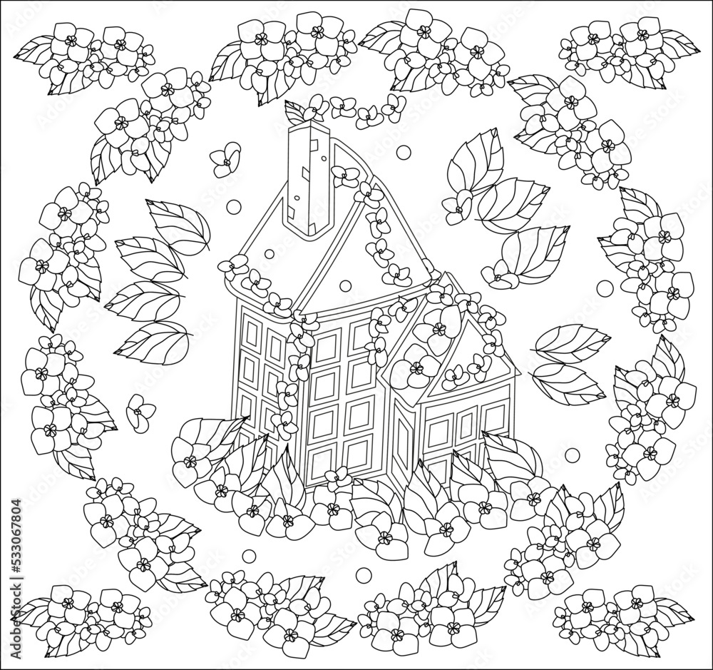 coloring page with house on a white background