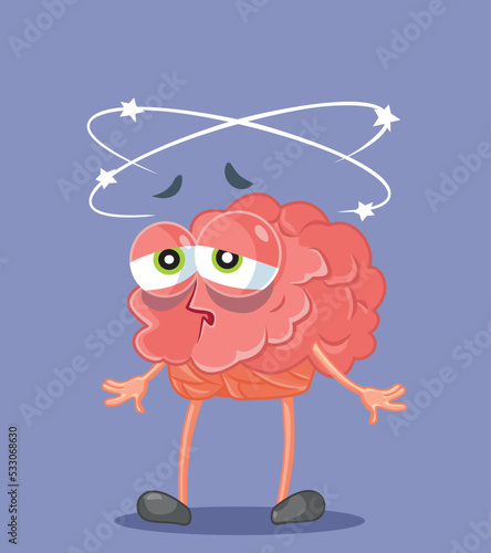 Tired Cartoon Brain Feeling Dizzy and Nauseated Vector Illustration. Unconscious mind having nausea and migraine 

