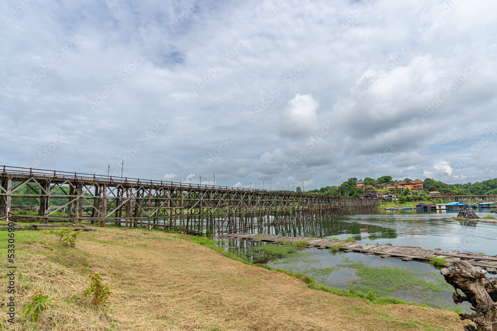  Mon Bridge, wooden bridge over the river In Sangkhlaburi District, Kanchanaburi, natural attractions Landmark of Thailand