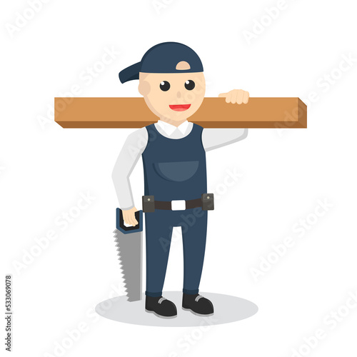 carpenter with wood log and saw design character on white background