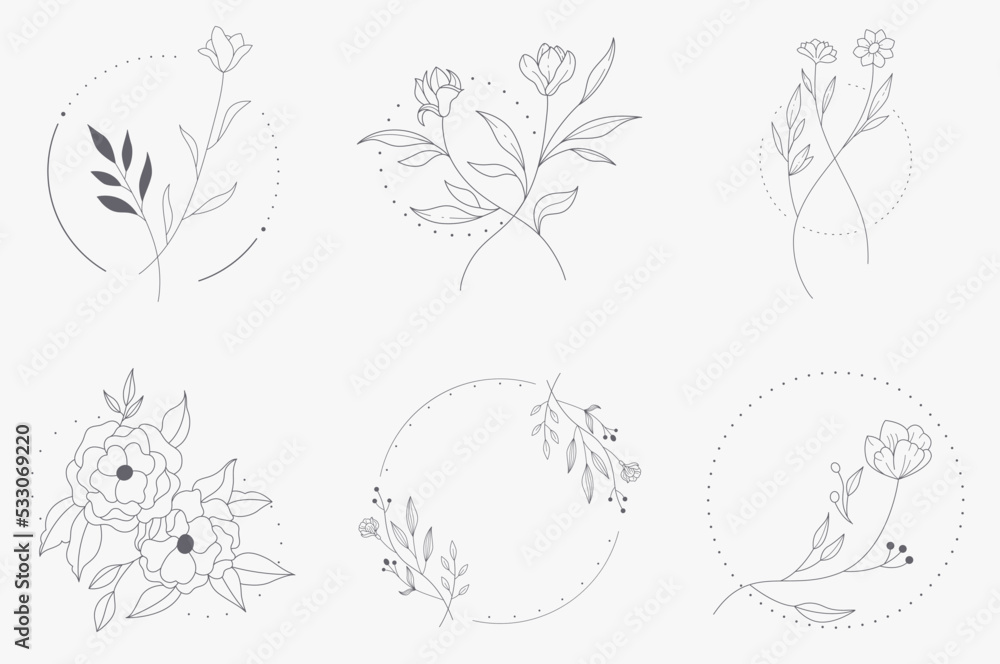 Floral and round hand drawn style. Floral black and white frame of twigs, leaves and flowers. Frames for the Valentine's day, wedding decor, logo and identity template.