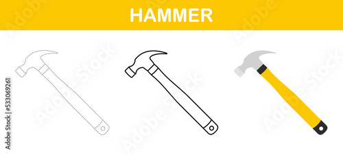 Hammer tracing and coloring worksheet for kids