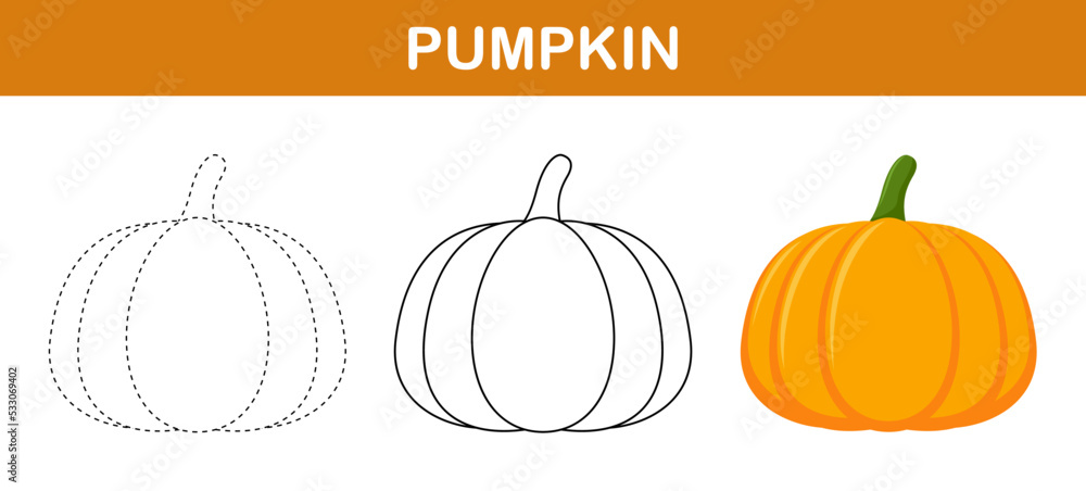 Pumpkin tracing and coloring worksheet for kids Stock Vector | Adobe Stock