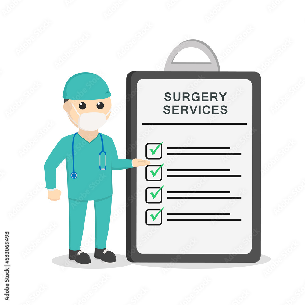 surgeon with surgery services clipboard design character on white background surgeon with surgery services clipboard design character on white background