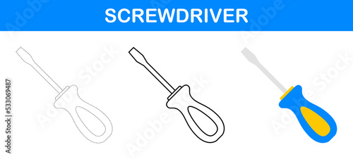 Screwdriver tracing and coloring worksheet for kids