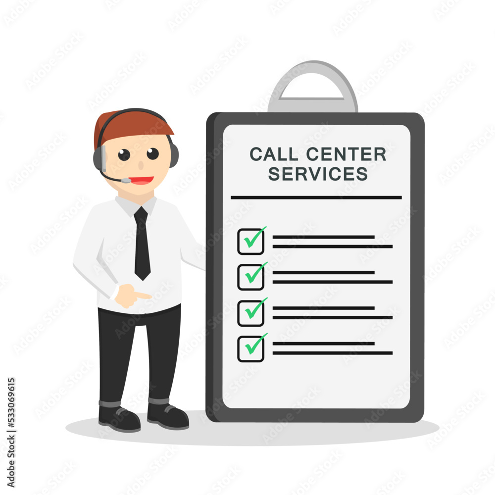 call center man with services clipboard design character on white background call center man with services clipboard design character on white background