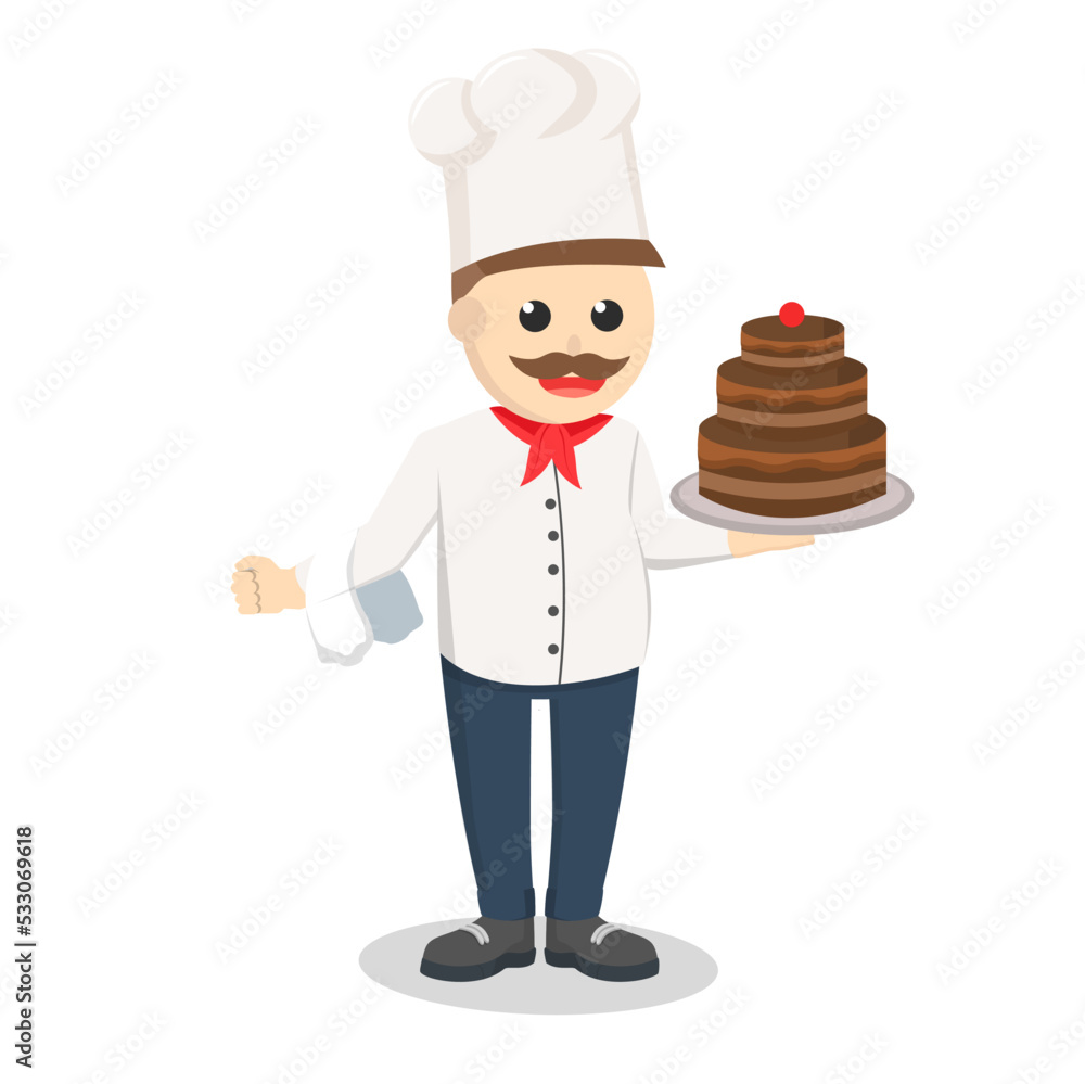 chef holding cake in plate design character on white background chef holding cake in plate design character on white background