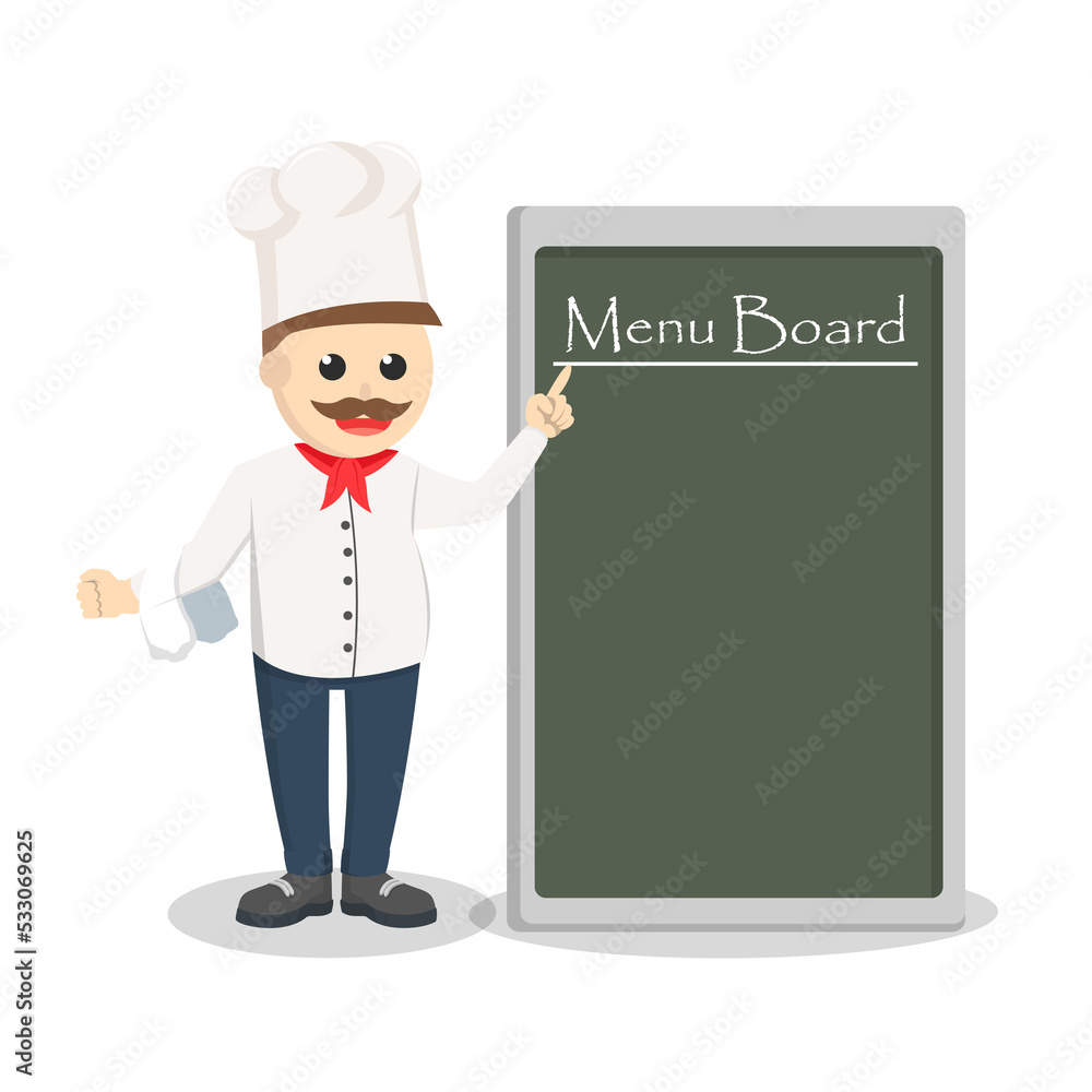 chef with menu board design character on white background chef with menu board design character on white background