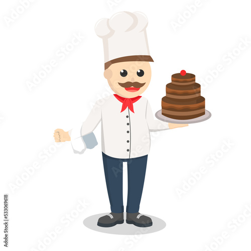 chef holding cake in plate design character on white background