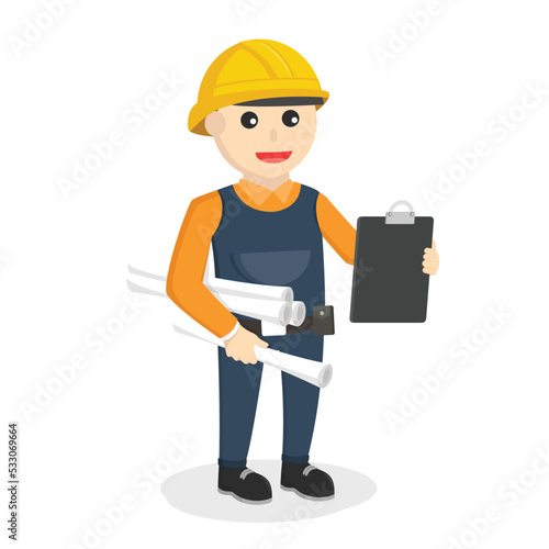 construction worker holding papers and clipboard design character on white background