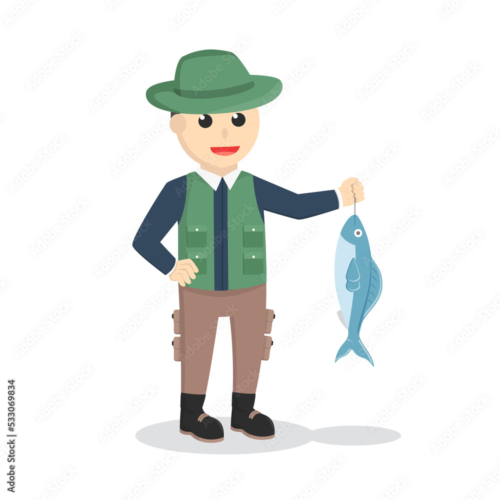fisherman holding fish design character on white background