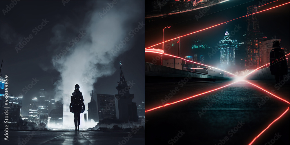 Cyberpunk futuristic city, neon lights, clouds over the city, collection