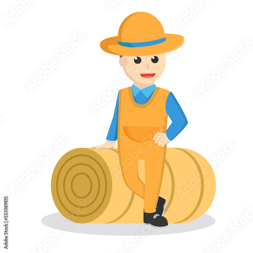farmer leaning on straw roll design character on white background