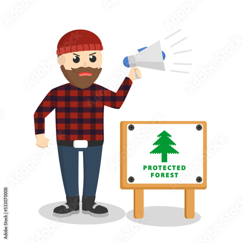 lumberjack with protected forest sign