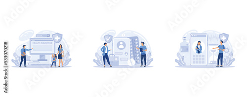Health insurance concept set. People and doctor standing at the big clipboard with document on it. Healthcare and medical service, set flat vector modern illustration