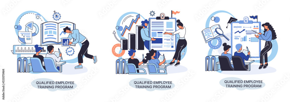 Qualified employee training program. Refresher course metaphor. Help in professional development. Learning for software development and growth. Agile project management team project life scrum meeting