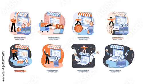 Internet stock market trading, money investment concept. Online currency and blockchain technology. Set of illustrations about cryptocurrency exchange, marketplace. Financial digital payment system