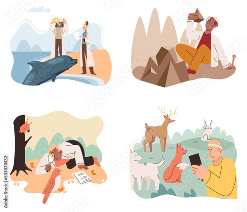 Zoologist study animals in their natural habitat. Scientist exploring and investigating fauna. Tameless animal protection expedition to wild nature. Study of living conditions wild animals in wildlife