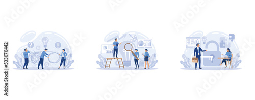 Solution web banner or landing page set, Solving the problem and finding creative solution. Business people meeting the challenge in a teamwork, set flat vector modern illustration