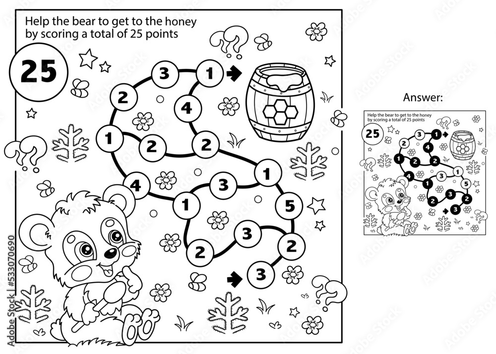 Math addition game. Puzzle for kids. Maze. Coloring Page Outline Of cartoon little bear cub with barrel of honey. Coloring Book for children.
