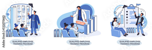 Qualified employee training program. Refresher course metaphor. Help in professional development. Learning for software development and growth. Agile project management team project life scrum meeting