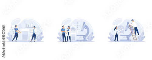Characters Give Urine Test in Clinical Laboratory Landing Page Template Set. Tiny Doctors at Huge Microscope and Container with Urine Research Specimen and Litmus, set flat vector modern illustration