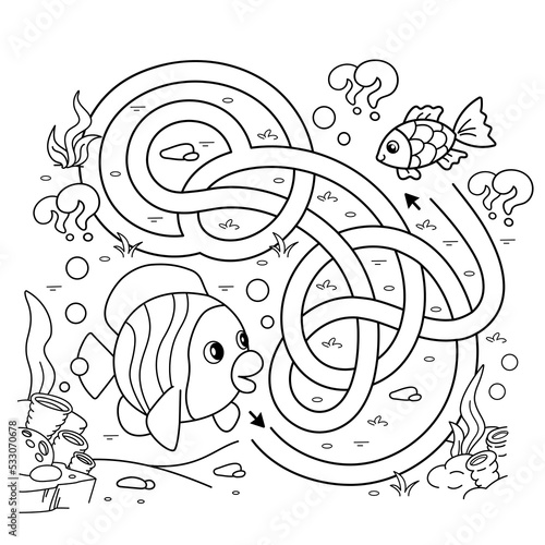Maze or Labyrinth Game. Puzzle. Tangled road. Coloring Page Outline Of cartoon fishes. Underwater world. Coloring Book for kids.