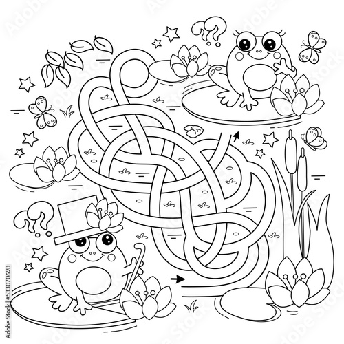 Maze or Labyrinth Game. Puzzle. Tangled road. Coloring Page Outline Of cartoon little frogs. Coloring book for kids.
