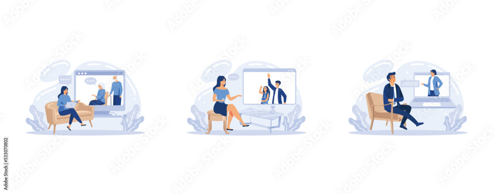 Fototapeta premium Online psychologist therapy set of people getting distance psychological consultation, Professional psychiatrist, set flat vector modern illustration
