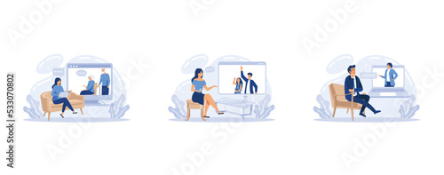 Online psychologist therapy set of people getting distance psychological consultation, Professional psychiatrist, set flat vector modern illustration