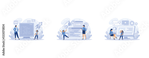 IT education web banner or landing page set. Student write software and create code for computer. Digital technology for website, interface and devices, set flat vector modern illustration