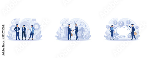 Meet our team, strategic partnership crowdfunding vector set. Cooperation and teamwork abstract concept. Entrepreneurship success abstract metaphor, set flat vector modern illustration