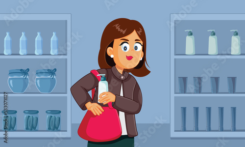 Kleptomaniac Woman Stealing from Supermarket Vector Cartoon Illustration. Lady shoplifting a cosmetic product from a general store
 photo