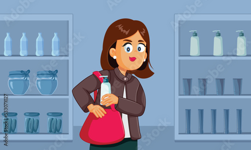 Kleptomaniac Woman Stealing from Supermarket Vector Cartoon Illustration. Lady shoplifting a cosmetic product from a general store
