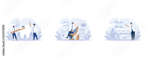 Dentist web banner or landing page set. Dental doctor in uniform treating human teeth using medical equipment. Idea of dental and oral hygiene, set flat vector modern illustration