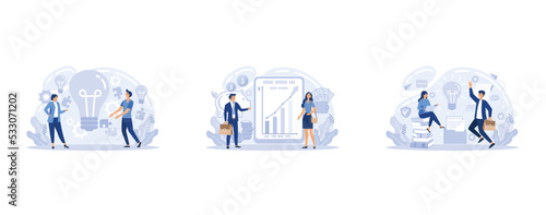 We have solution, business investment, new ideas solution scenes set. Teamwork and brainstorming. Team and new startup. Leadership and financial activities, set flat vector modern illustration